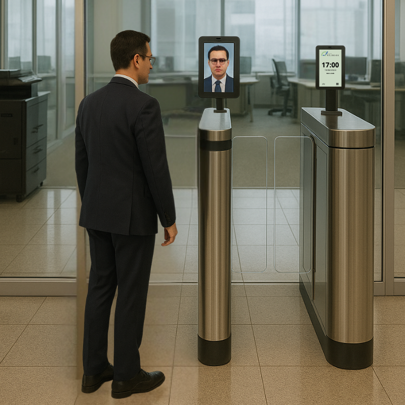 Homem de terno passando uma cartão numa catraca